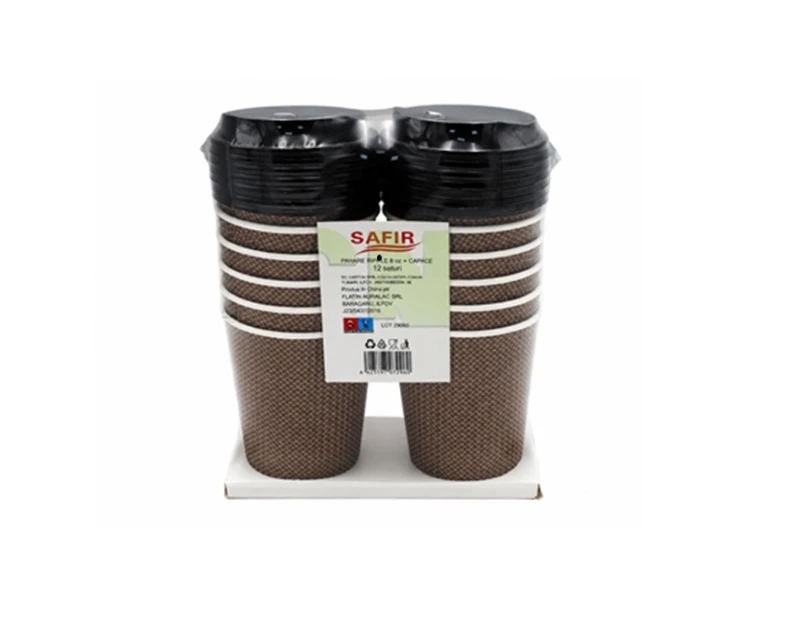 Pahare Carton 8Oz Perete Dublu Ripple + Capac Safir 12 Buc/Set